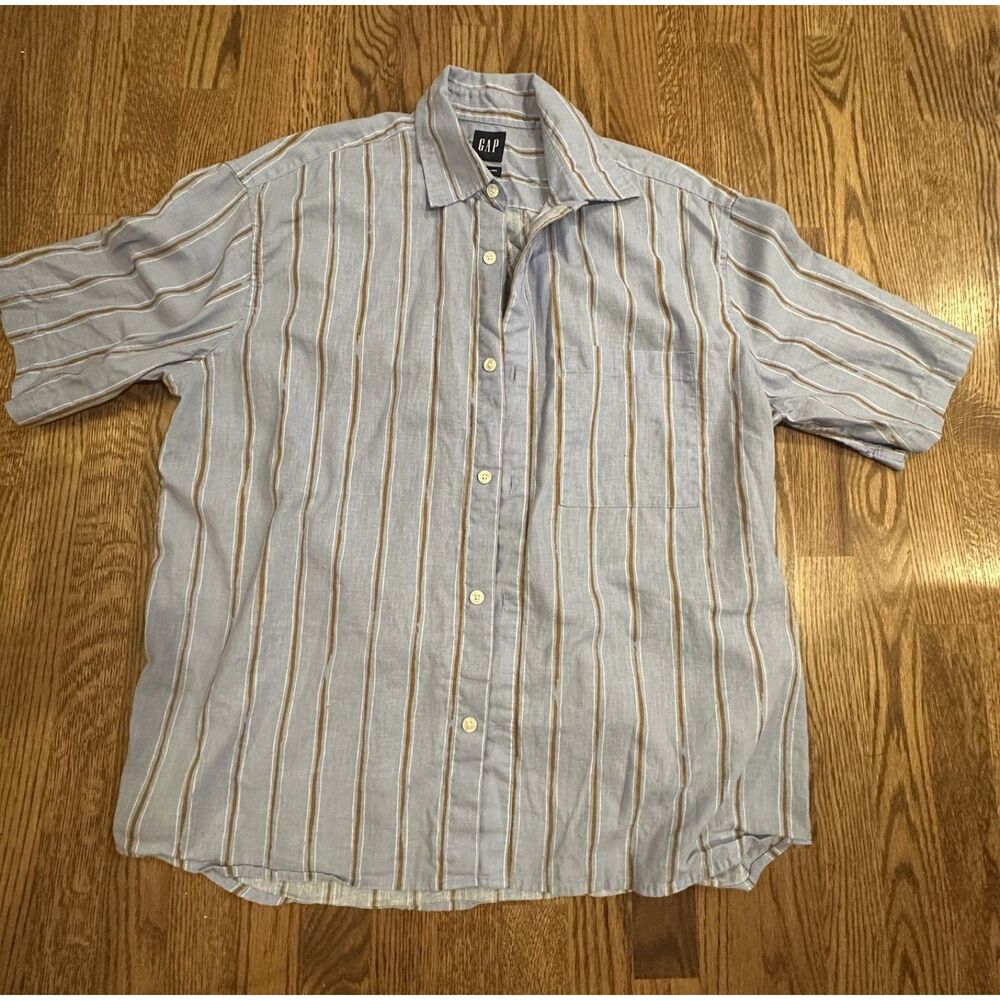 GAP Men’s Medium Linen Cotton Button Down Shirt Blue Tan Stripe Short Sleeve